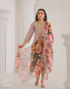 Ethnic Festive Wear Chanderi with Cotton Lining Beige Stitched Suit With Dupatta - Tanisha | Grocsy