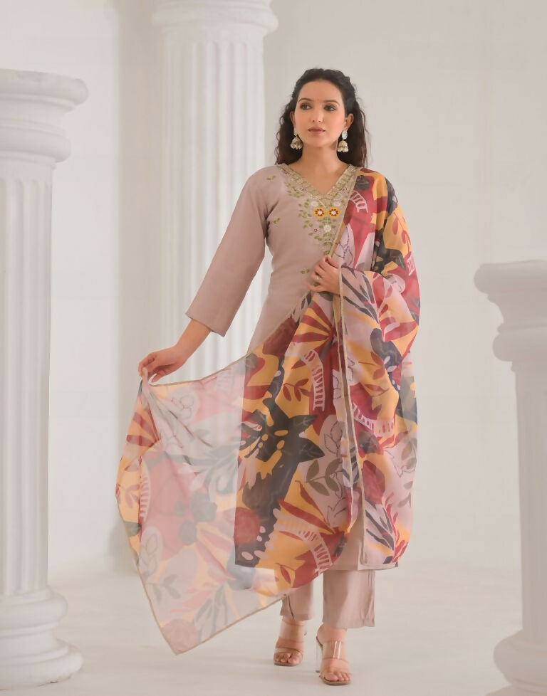 Ethnic Festive Wear Chanderi with Cotton Lining Beige Stitched Suit With Dupatta - Tanisha | Grocsy