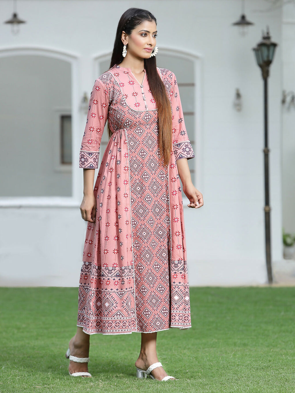 Juniper Peach Geometric Printed Pure Cotton Maxi Dress With Lace Work | Grocsy