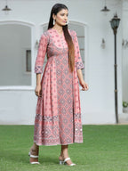 Juniper Peach Geometric Printed Pure Cotton Maxi Dress With Lace Work | Grocsy