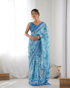 Blue Chinon Designer Digital Printed & Mirror Cut Work Saree - Kriti | Grocsy