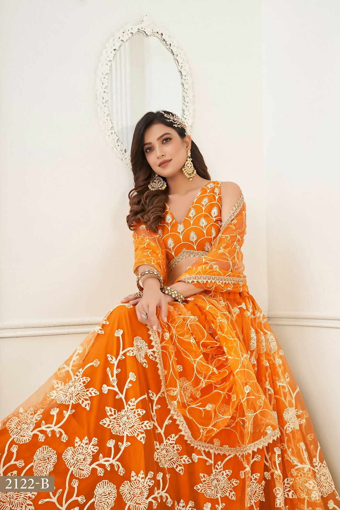 Eilara Women'S Orange Butterfly Net With Sequins And Embroidery Work Lehenga Choli For Wedding | Grocsy