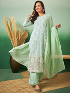 Sea Green Georgette Handwork Unstitched Dress Material - Hanika | Grocsy