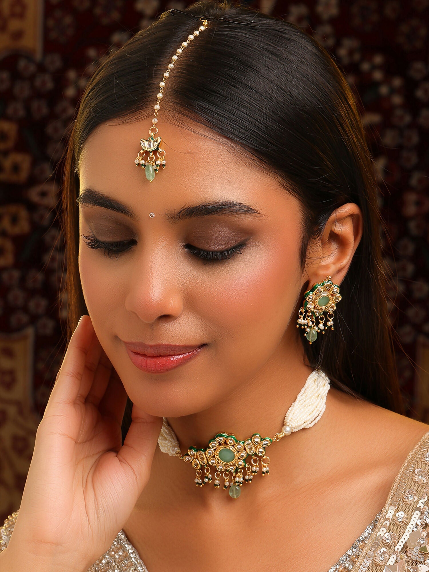 Ruby Raang Green-Gold Kundan Neck Piece With Matching Earrings And Maang Tikka | Grocsy