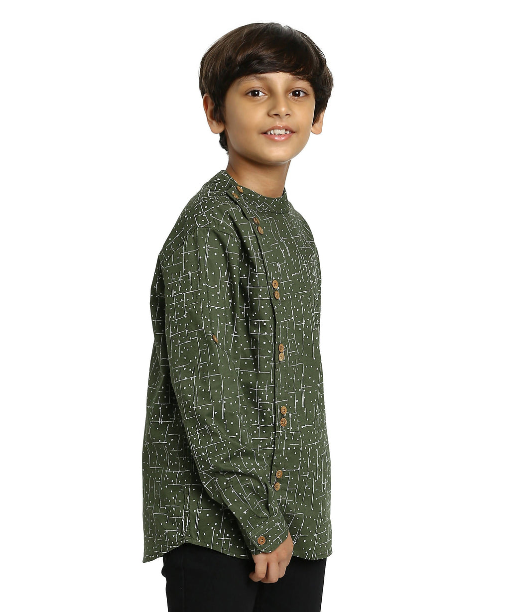 Manet Boys Full Sleeves Dot Printed Ethnic Shirt - Olive Green | Grocsy