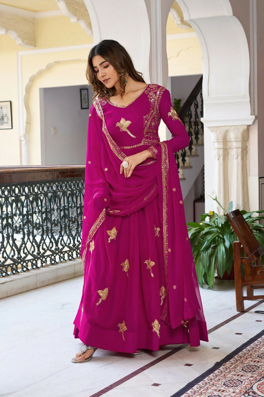 The52 Women's Gorgeous Faux Georgette Fabric Embroidery Work Flared Anarkali Pant and Dupatta Set | Grocsy