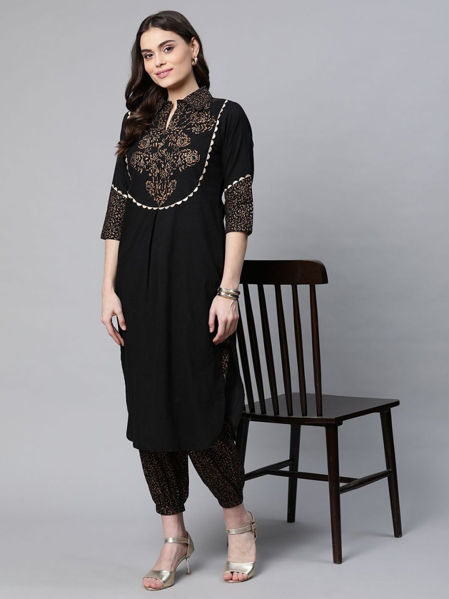 Ahalyaa Women Black Colour Pure Cotton Printed Kurta Pant Set | Grocsy