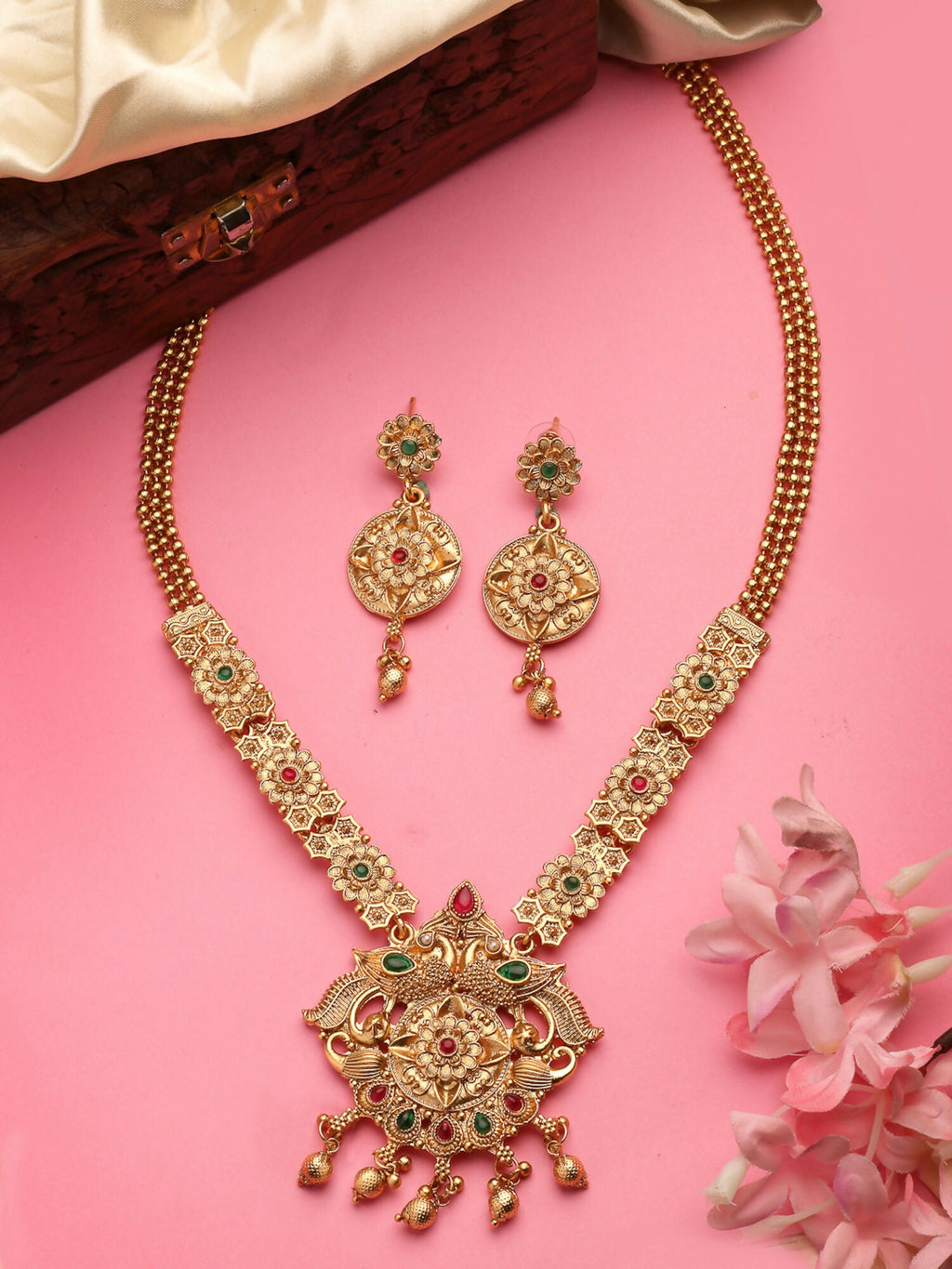 NVR Women's Gold-Polished Pink & Green Stone-Studded Peacock Design Temple Jewellery Set | Grocsy