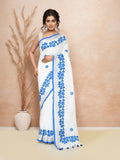 Joban Fashion White & Blue Cotton Applic Saree | Grocsy