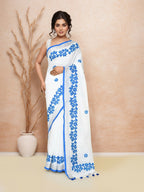 Joban Fashion White & Blue Cotton Applic Saree | Grocsy