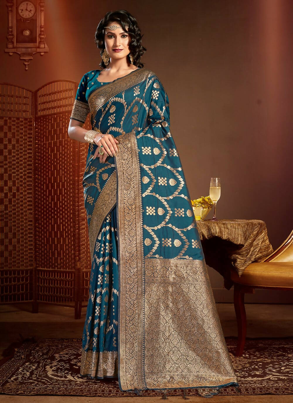 Dark Blue Silk Ethnic Motif Woven Design Saree with Unstitched Blouse Piece - Aachal | Grocsy