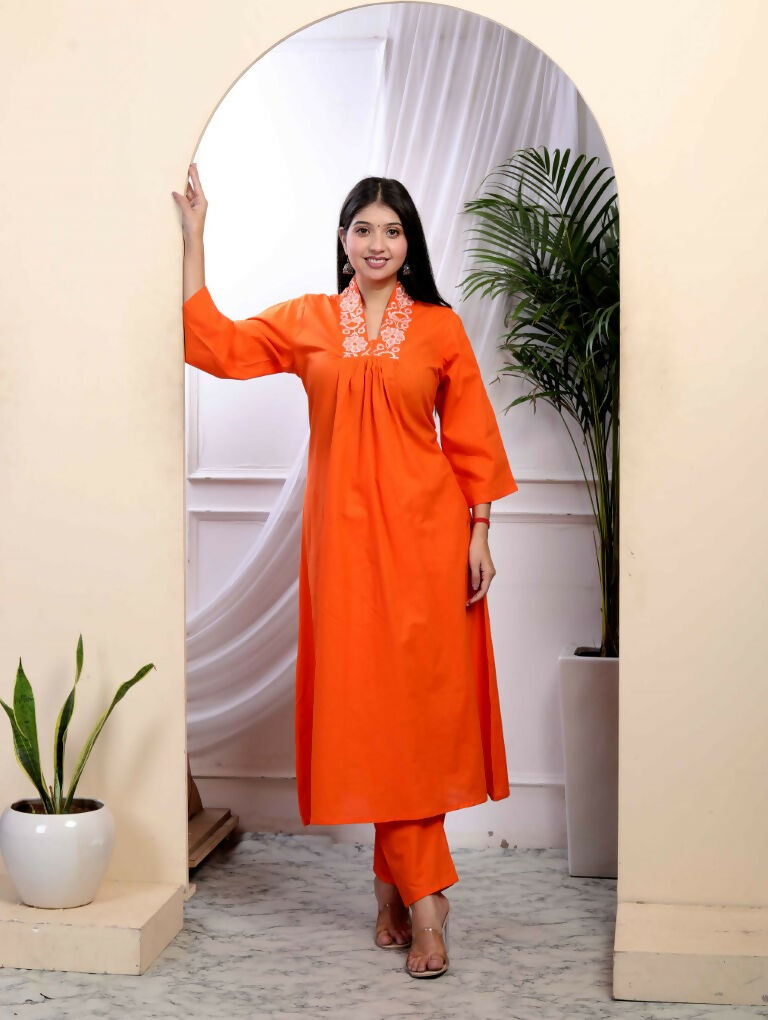 Miravan Women's Orange Cotton Embroidered A-Line Style Kurta And Palazzo | Grocsy