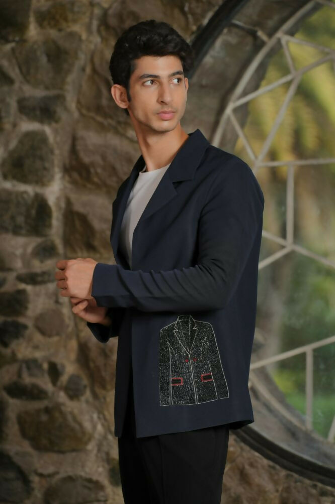 Noir Canvas Blazer – Black 4-Way Stretch Graphic Detail Suit For Men | Wedding & Party Wear by Hilo Design | Grocsy