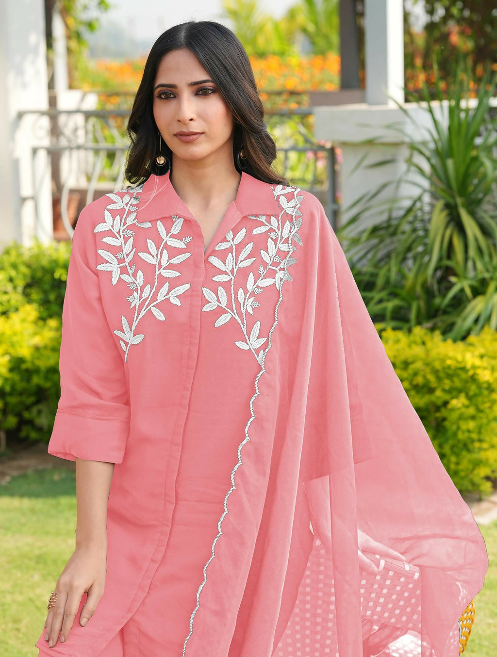 Nikhaar Light Pink Embroidered Viscose Georgette Stitched Straight Cut Kurta Culottes Dupatta Readymade Suit | Grocsy