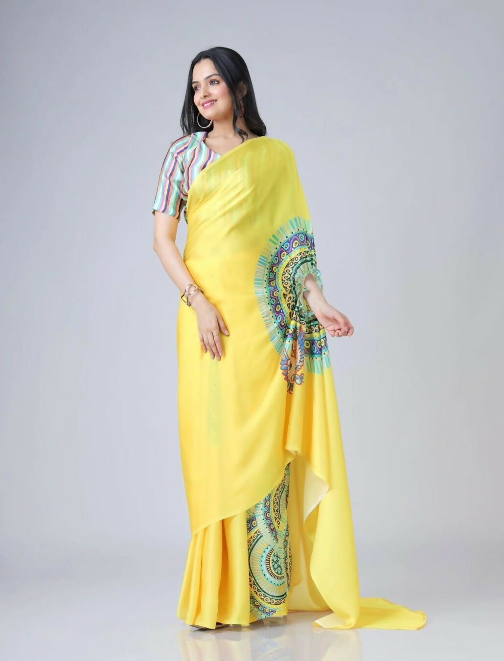 Vastranavya Yellow Ready to Wear Swan Print Free Hand Saree | Grocsy