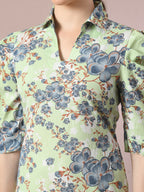 Myshka Women's Green Printed Shirt Collar Fit and Flare Party Dress | Grocsy