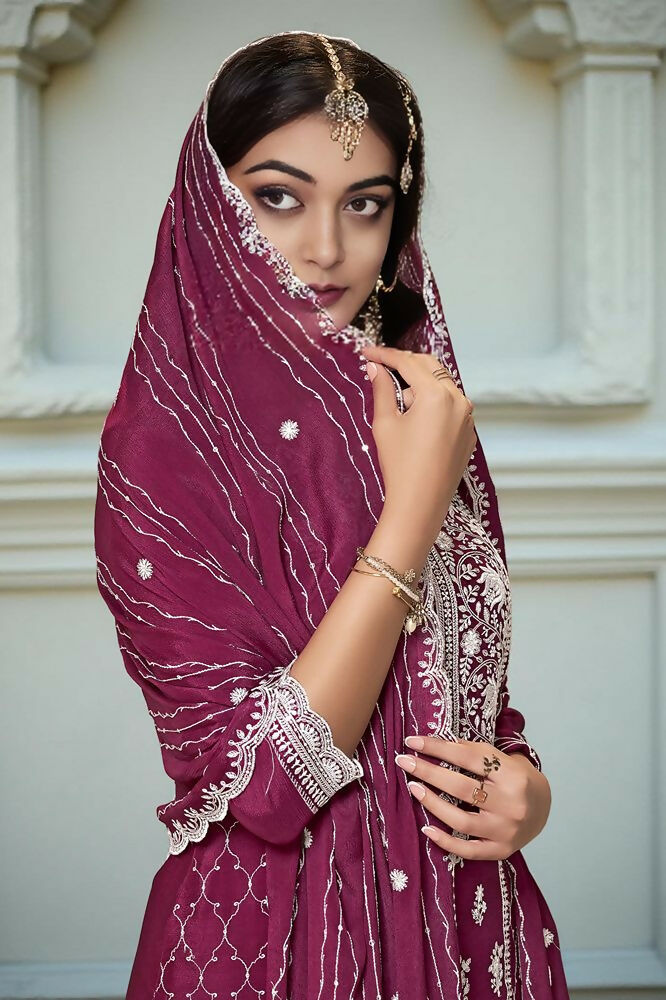 Ethnic Festive Wear Premium Chinon Fabric Wine Stitched Suit With Dupatta-Zeeya | Grocsy