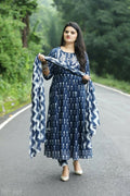 Alvano Anarkali Kurti with Pant and Dupatta set for Women and Girls Printed Cotton (Blue) | Grocsy