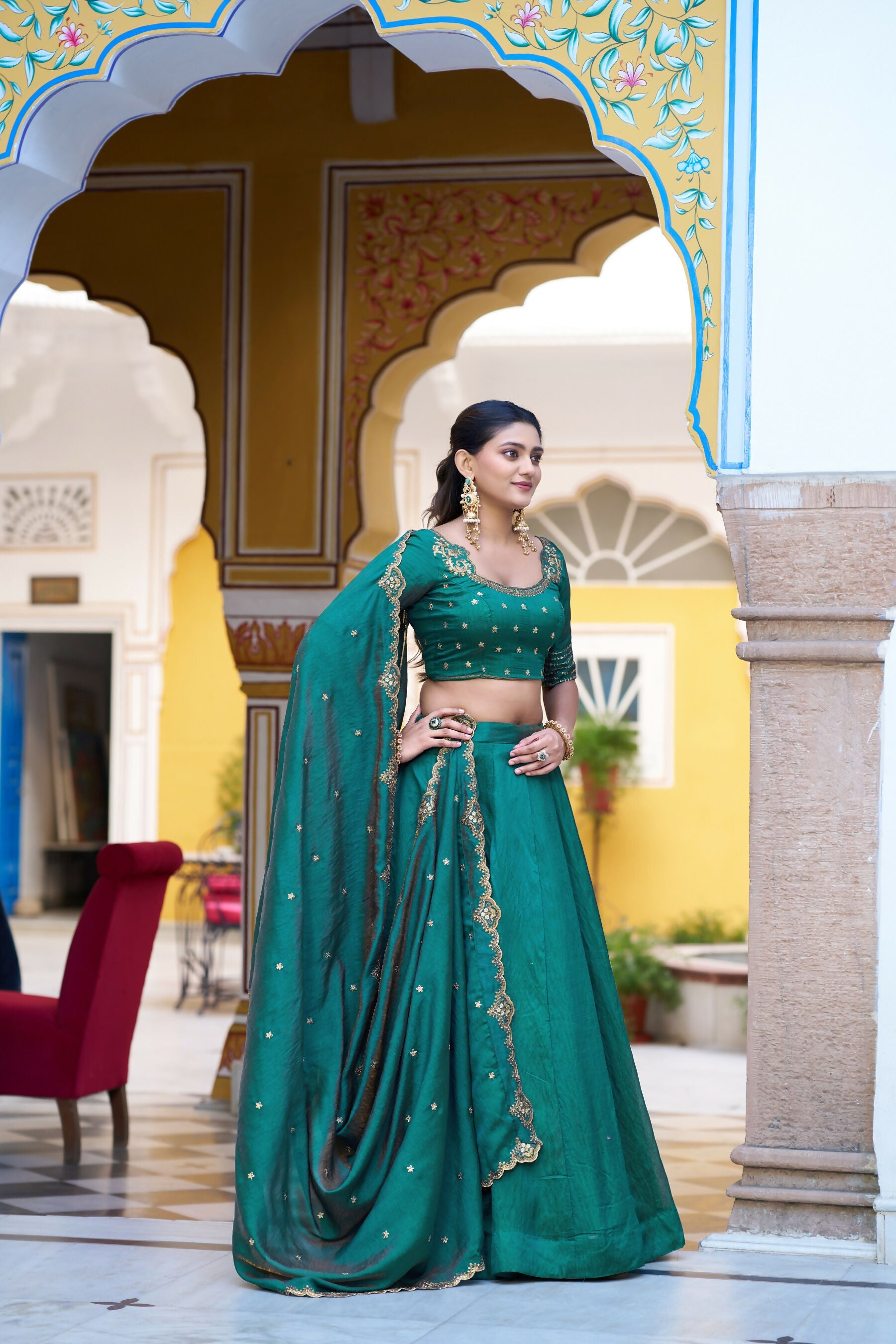 Lorenvalley Fashion Teal NC Silk Plain Lehenga Embroidery Work Choli with Dupatta | Grocsy