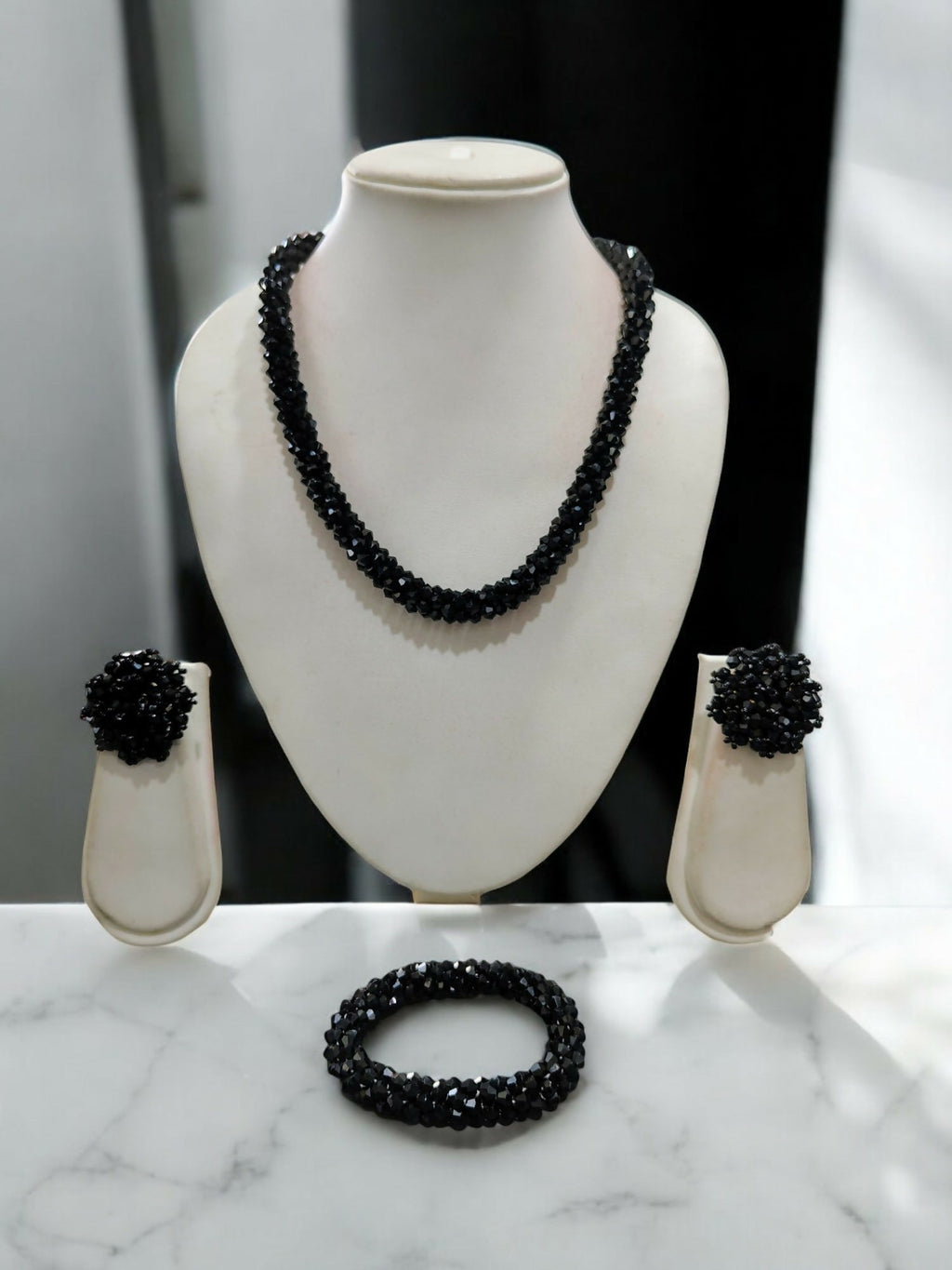 Inhanns Complete Look Crystal Statement 3-Piece Set (Adjustable Necklace + Earrings + Adjustable Bangle ) - Black | Grocsy