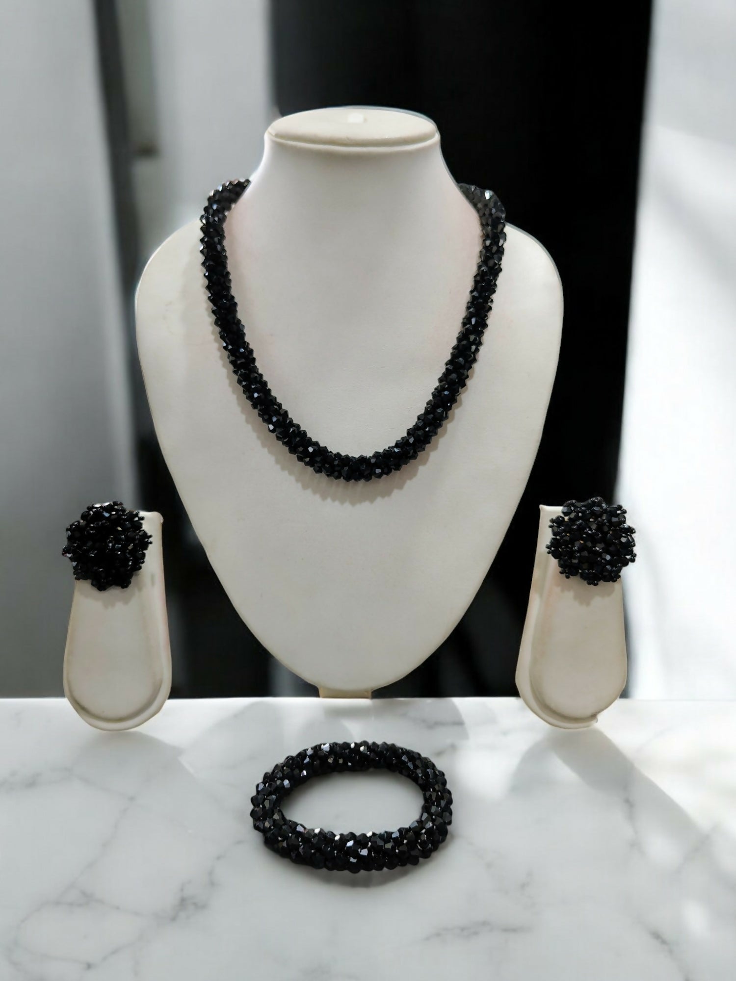 Inhanns Complete Look Crystal Statement 3-Piece Set (Adjustable Necklace + Earrings + Adjustable Bangle ) - Black | Grocsy