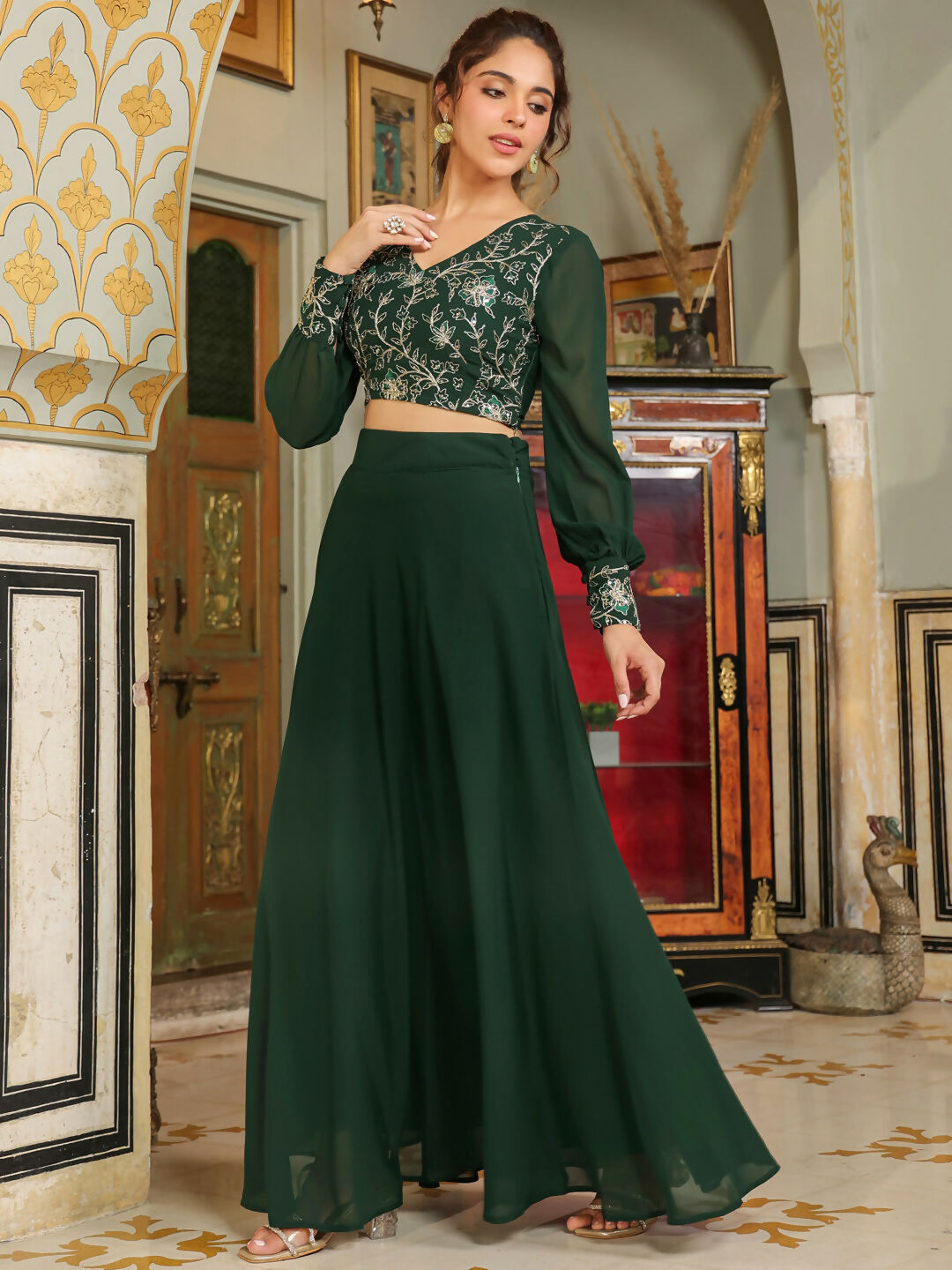 Janasya Dark Green Georgette Embroidered Top & Skirt | Grocsy