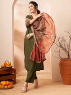 Janasya Olive Straight Rayon Slub Kurta,Bottom & Dupatta | Grocsy