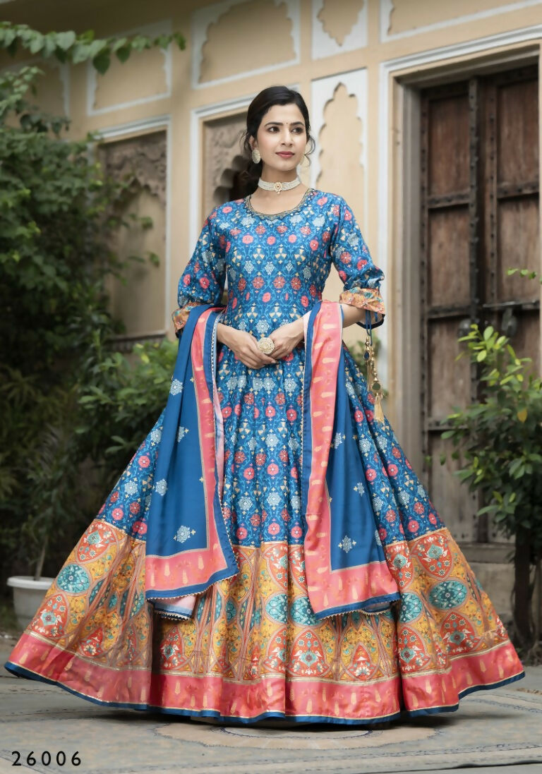 Wedding Designer Blue Soft Dola Silk Anarkali suit with Dupatta - Samanta | Grocsy