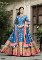 Wedding Designer Blue Soft Dola Silk Anarkali suit with Dupatta - Samanta | Grocsy