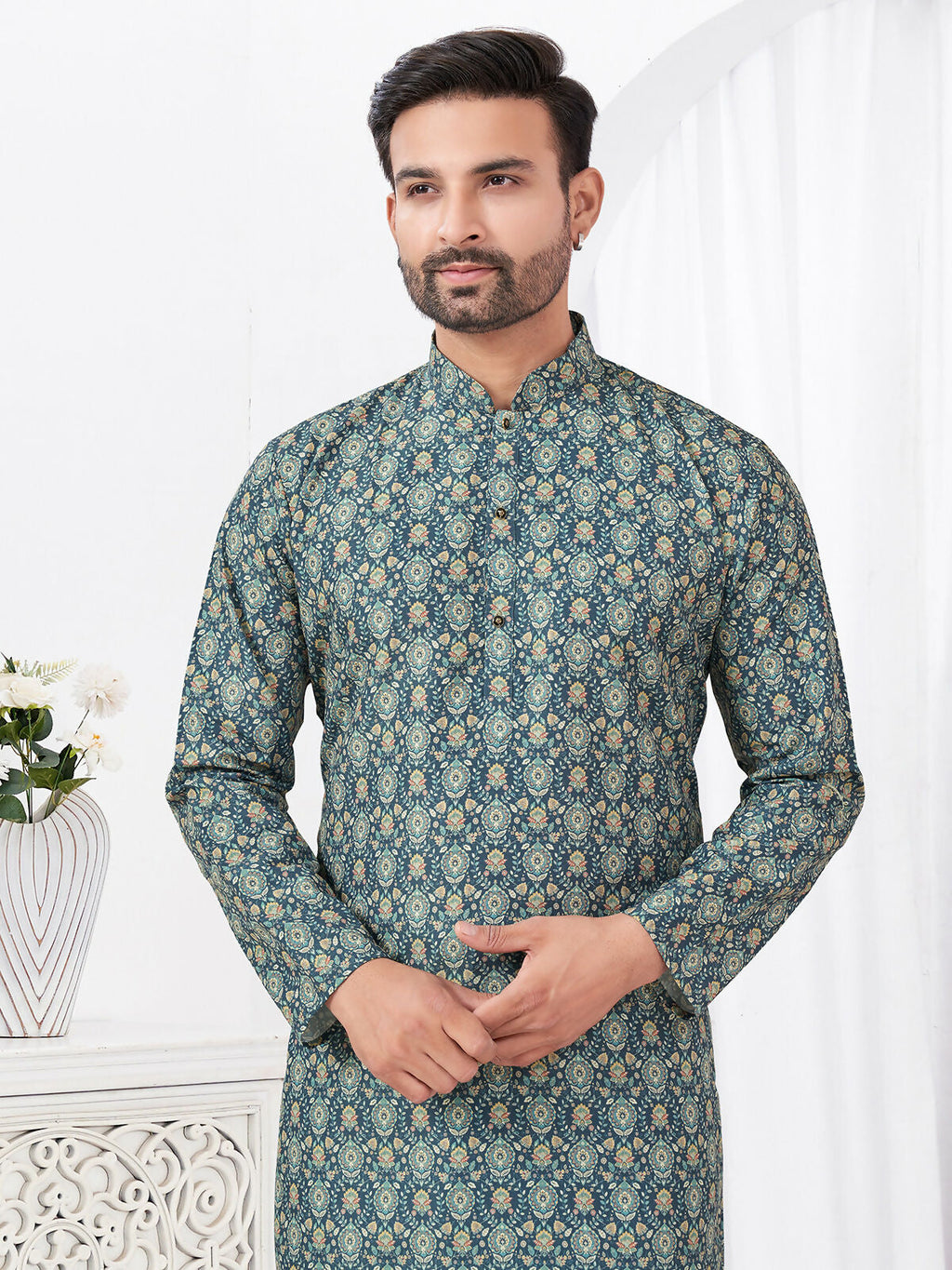 Joban Fashion Men's Rayon Cotton BLUE Printed Kurta Pyjama set | Grocsy