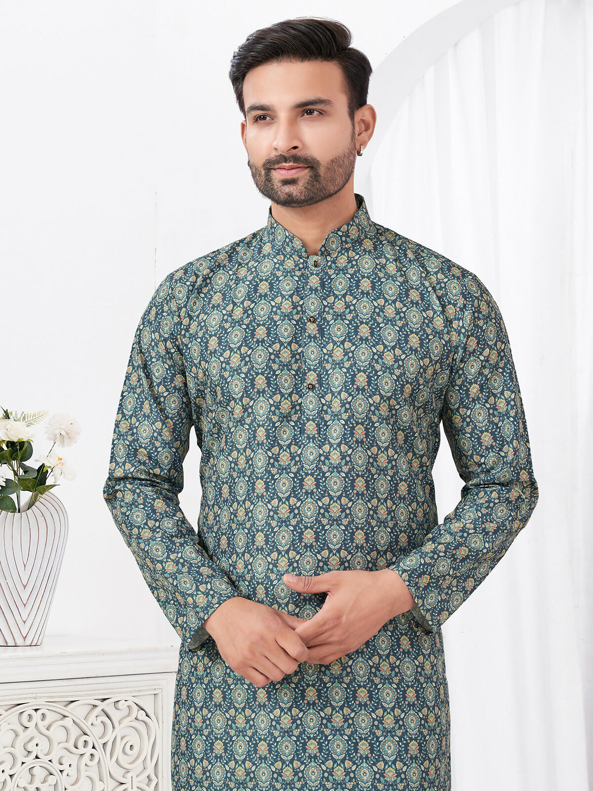 Joban Fashion Men's Rayon Cotton BLUE Printed Kurta Pyjama set | Grocsy