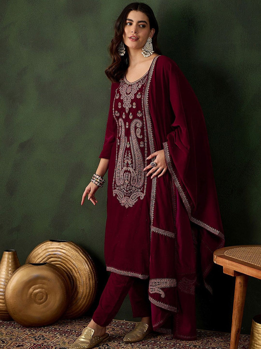 Sangria Floral Embroidered Straight Kurta & Trousers With Dupatta | Grocsy