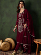Sangria Floral Embroidered Straight Kurta & Trousers With Dupatta | Grocsy