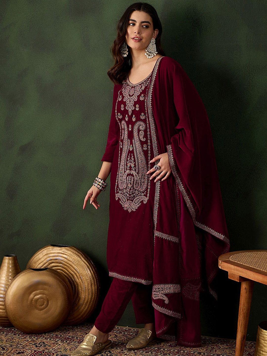 Sangria Floral Embroidered Straight Kurta & Trousers With Dupatta | Grocsy