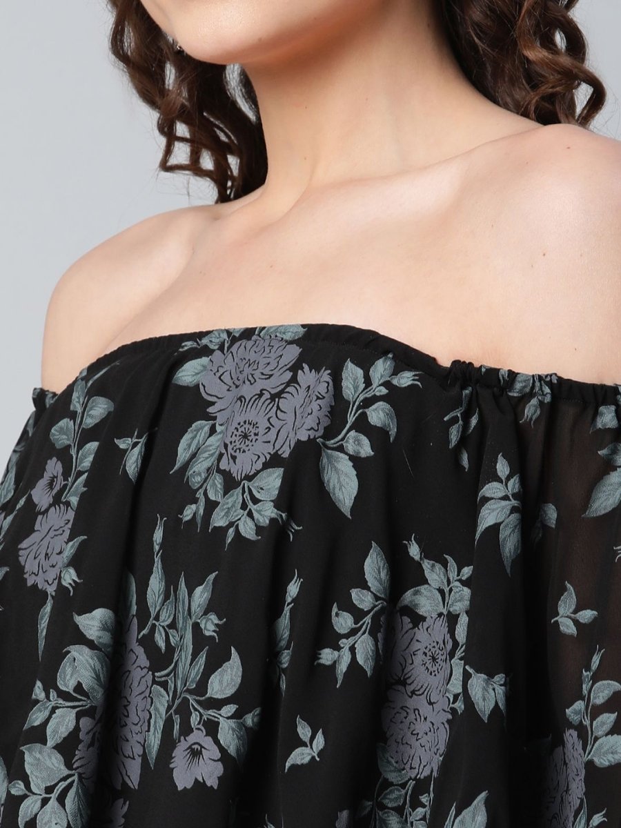 Ahalyaa Women Crepe Printed Black Dress | Grocsy