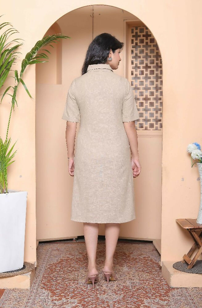 Miravan Womens Beige Solid Midi Dress With Belt And Side Pocket | Grocsy