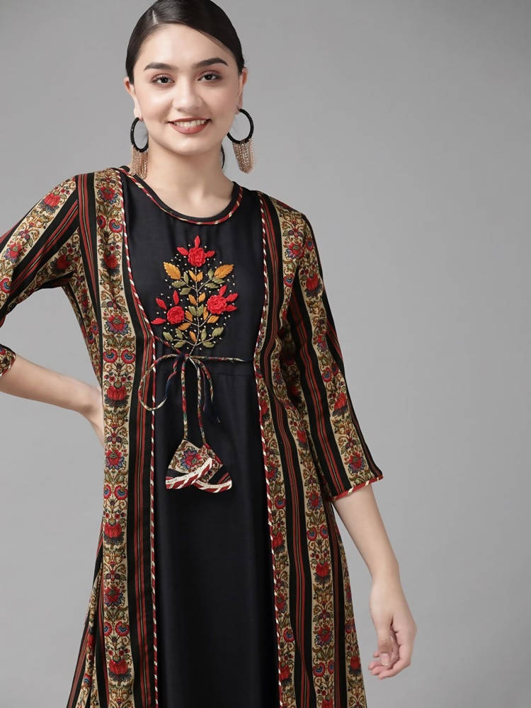 Yufta Women Black & Red Solid Embroidered Detail A-Line Maxi Dress with Ethnic Jacket | Grocsy