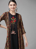 Yufta Women Black & Red Solid Embroidered Detail A-Line Maxi Dress with Ethnic Jacket | Grocsy