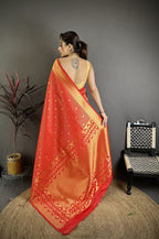 Elora Red Banarasi Soft Silk Checked Body With Floral Motifs South Pattu Saree | Grocsy