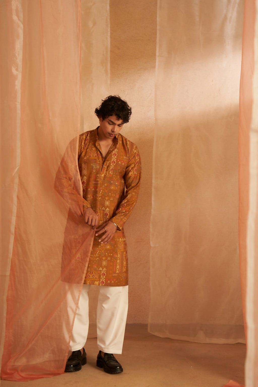 Brownish Yellow Modal Silk Designer Printed Men's Kurta Set - Mahotsav | Grocsy