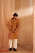 Brownish Yellow Modal Silk Designer Printed Men's Kurta Set - Mahotsav | Grocsy