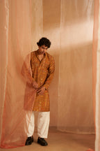 Brownish Yellow Modal Silk Designer Printed Men's Kurta Set - Mahotsav | Grocsy