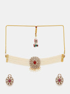 Ruby Raang 22k Gold Polished Pearl And Kundan Necklace With Stud Earrings | Grocsy