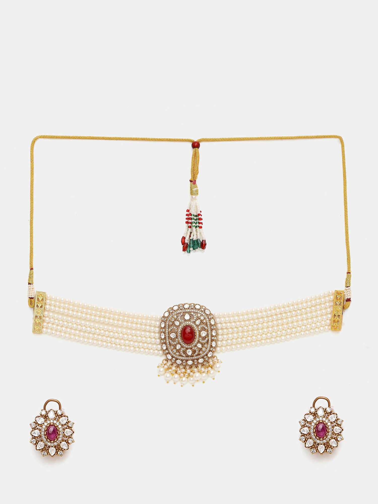 Ruby Raang 22k Gold Polished Pearl And Kundan Necklace With Stud Earrings | Grocsy