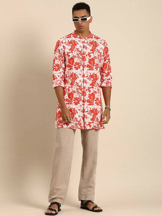 Red & White Men pure Cotton Floral Printed Straight Kurta - Mahotsav | Grocsy