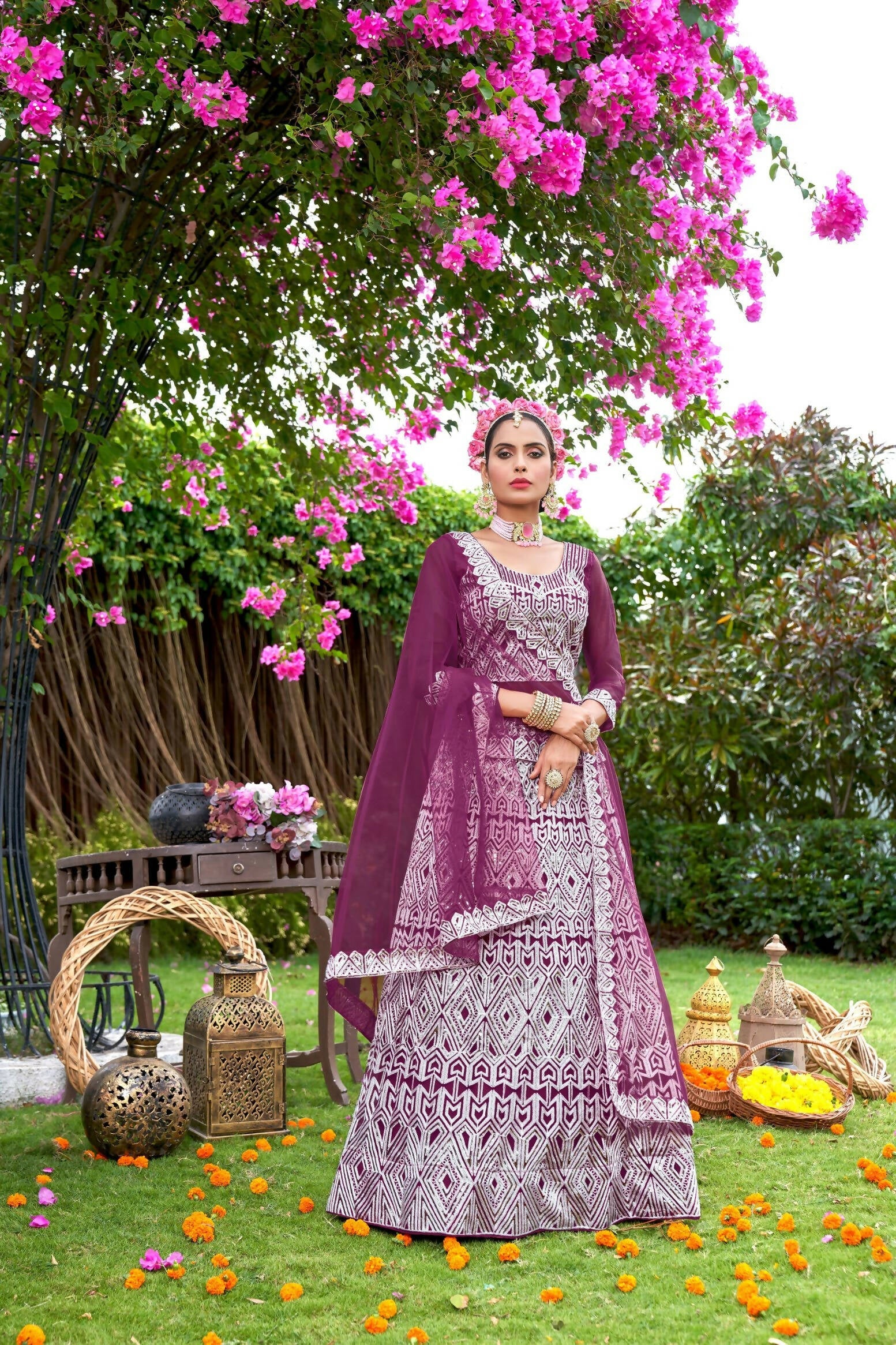 Purple Net Embroidered Semi Stitched Lehenga Choli with Dupatta - Bhagya | Grocsy