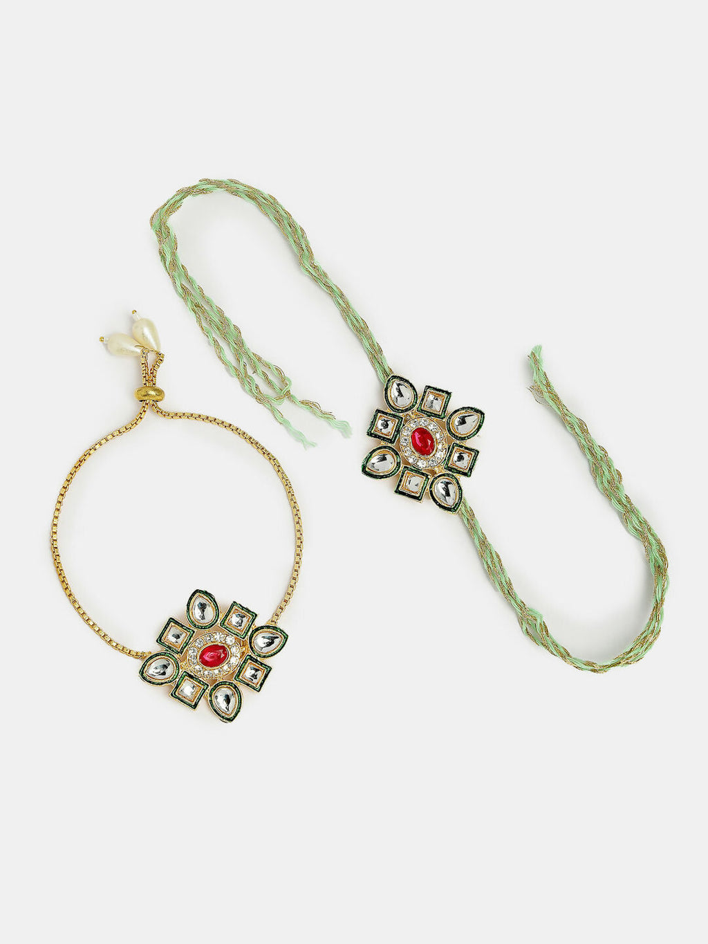 NVR Women & Men Set of 2 Gold Kundan-Studded Handcrafted Wraparound Rakhi Set With Roli Chawal | Grocsy