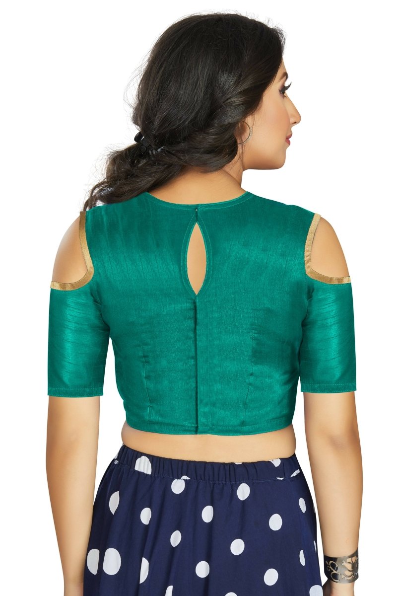 Aastha Fashion Women's Sea Green Art Silk Cold Shoulder Sleeve Readymade Blouse | Grocsy