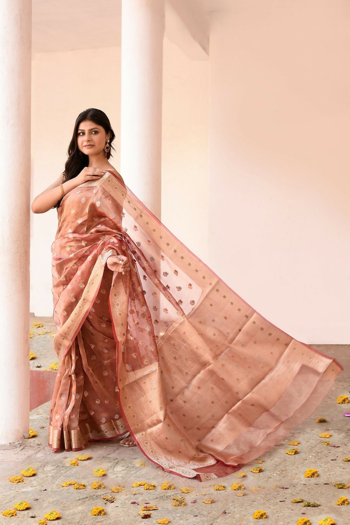 Joban Fashion Rose Gold Pure Banarasi Tissue Saree | Grocsy