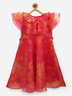 Ahalyaa Pink Organza Digital Print Kids Dress Kurta For Girls | Grocsy